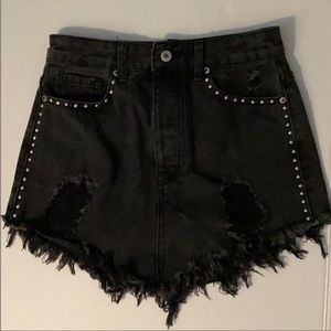 Black Studded Distressed Denim Mini Skirt